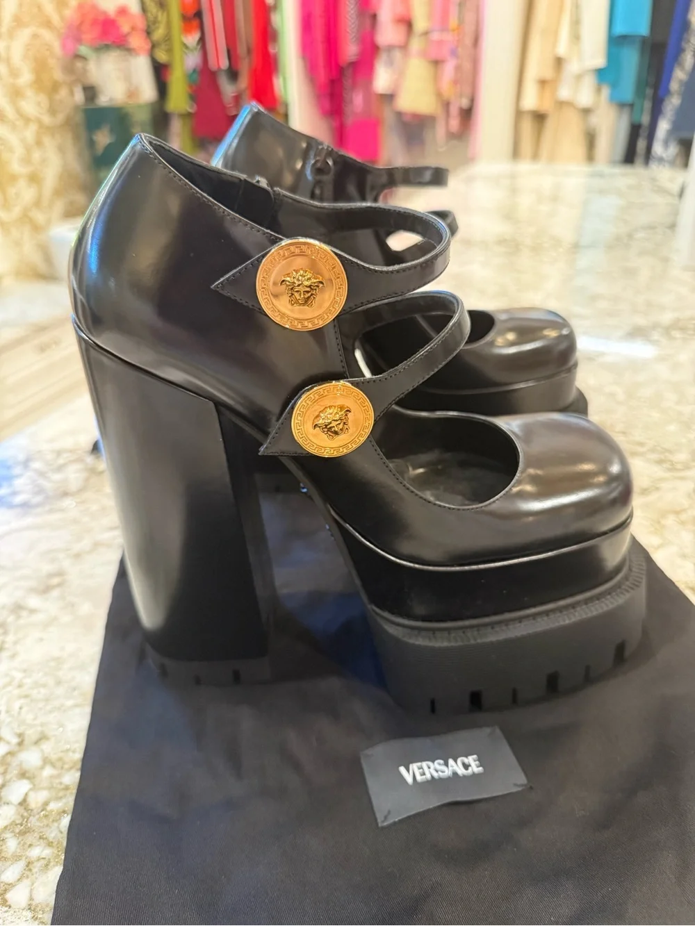 Versace Black Patent Platform Mary Jane Pumps